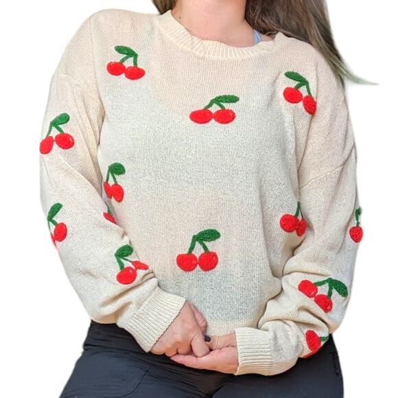 Cherry Print Textured Pullover Sweater Sheer Long Sleeve Kori Womens Medium Top - Picture 1 of 6